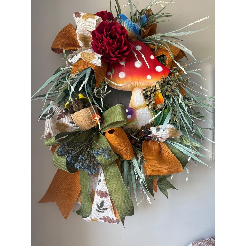 Whimsical Mushroom Wreath Front Door Enchanted‎ Woodland Cottagecore Bluebird